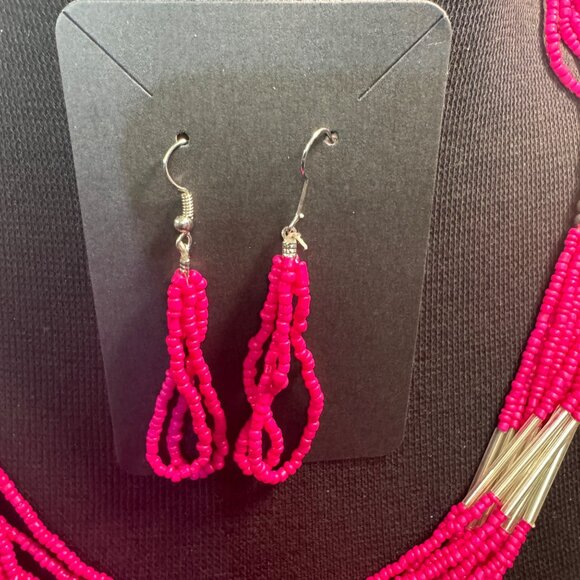 Several Strand Pink Beaded Necklace & Earring Set - Picture 2 of 5